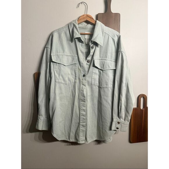 H&M Mint Green Cotton Collared Button Down Long Sleeve Denim Shacket Size Medium - Picture 1 of 4